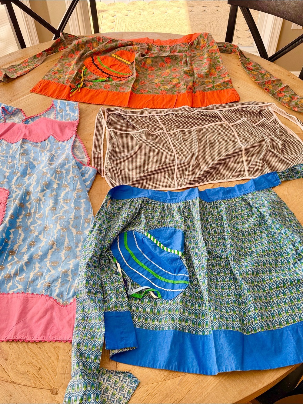 Vintage Mixed 4 Aprons. Blue, Orange, Pink & Green